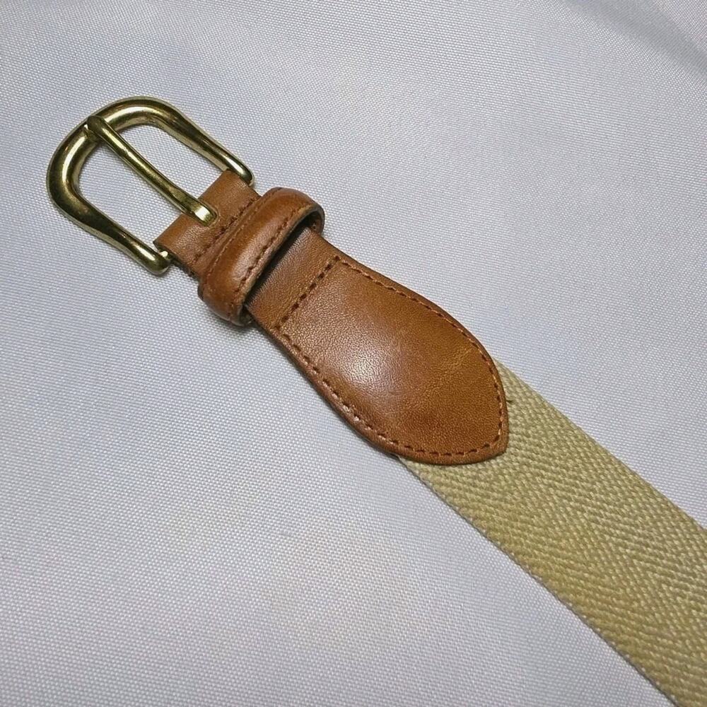 Coach 3880 Belt Vtg Brown Leather Tan Canvas Woven Mens 34” Brass Buckle 1.25”